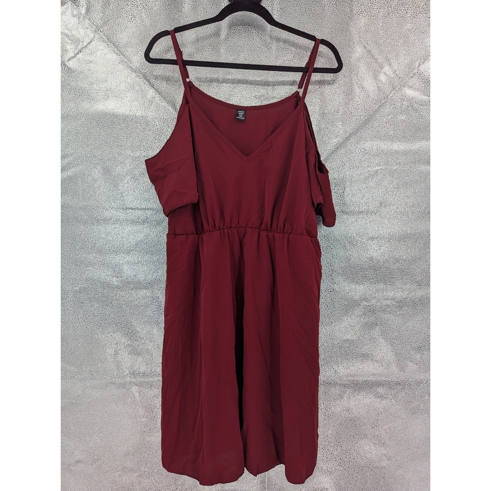 SHEIN Curve Cold Shoulder Dress 1XL Burgundy V-Neck Elastic Waist Midi Elegant